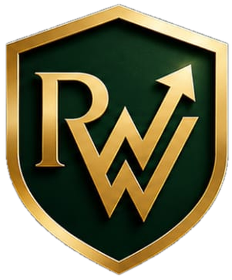 Rupareliya Wealth logo — gold RW shield